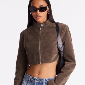 New Fashion Nova Women's Faux Suede Cropped Moto Jacket Chocolate Sizes S, M, L
